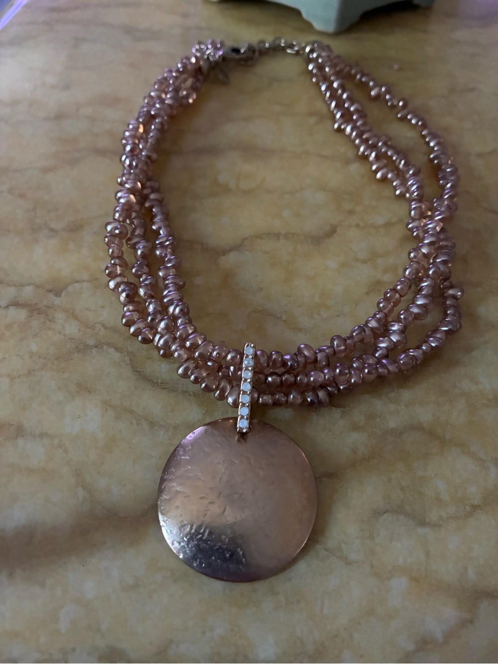 Multi-Strand Pink Pearl Necklace with Rose Gold Disc Pendant
